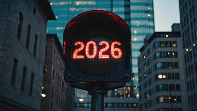 2026 Display On Traffic Signal. Urban Night Ambience. Futuristic City Scene With Glowing Digits