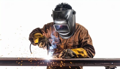 Expert welder crafting strong bonds with sparks flying in a dynamic display of industrial skill and professional craftsmanship on white background.