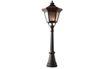 Elegant outdoor lamp post with a vintage design illuminates the night with a warm inviting glow on transparent background