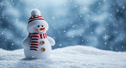 Fototapeta premium Cute snowman with hat and scarf in snow