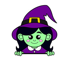 Cute green with with a purple hat, topper, peeking over an edge, classic Halloween monster clip art