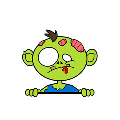 Green zombie, with a ripped blue shirt, topper, peeking over an edge , classic Halloween monster toppers clip art 