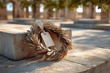 Golden laurel wreath on sunlit stone surface outdoors