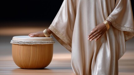 African female in elegant robe kneeling beside drum in graceful pose