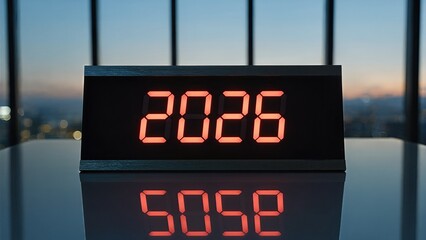 Digital Clock Display Showing 2026. Modern Countdown Timer. Futuristic Office Background. Time Concept For Planning Deadlines Schedules Targets