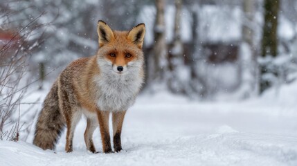 Obraz premium A red fox standing on snowy ground in winter forest