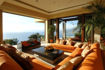 Fototapeta premium Luxurious Mediterranean style living room with ocean view