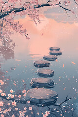 Serene Pathway: Stepping Stones across Tranquil Waters with Cherry Blossom Canopy