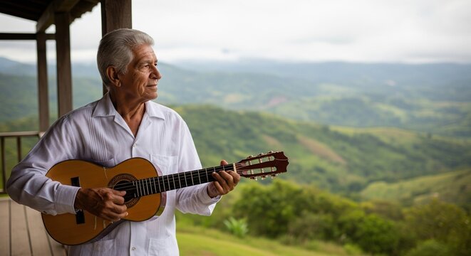 Senior hispanic man in a traditional guayabera shirt playing guitar on a beautiful scenic balcony