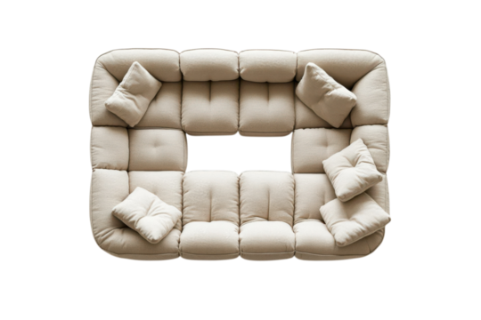 Top view of a modular sofa with cushions in a neutral color scheme perfect for modern living spaces on transparent background