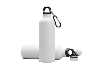 Two white metal water bottles, one upright with a carabiner clip and one lying down, isolated on transparent background