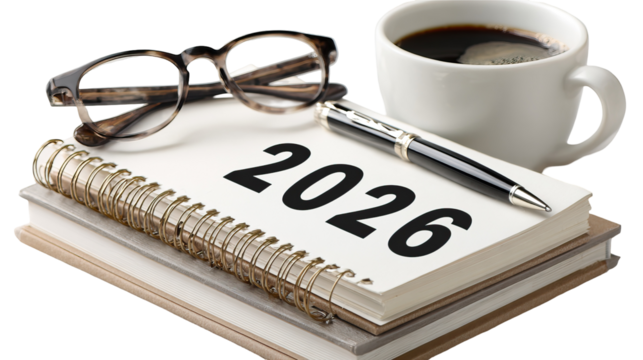 2026 Calendar with Pen and Glasses Resting on Stack of Books with Coffee Cup on Transparent Background