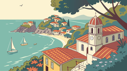 A scenic view of a coastal town with a church, boats sailing on the sea, and lush greenery surrounding the buildings