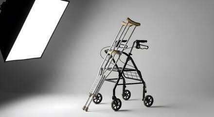 Mobility walker and crutches. Disability aids equipment on studio backdrop.