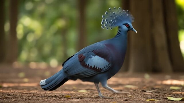 Victoria crowned pigeon strutting confidently through lush forest habitat, a vibrant and elegant display of nature's beauty in motion