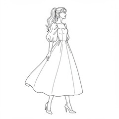 Graceful woman in an elegant long dress and high heels, stylish line art for fashion magazines, beauty websites, event invitations, social media, or l