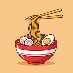 Illustration of a Delicious Bowl of Ramen Noodles with Chopsticks Lifting the Noodles, Egg, and Fish Cakes