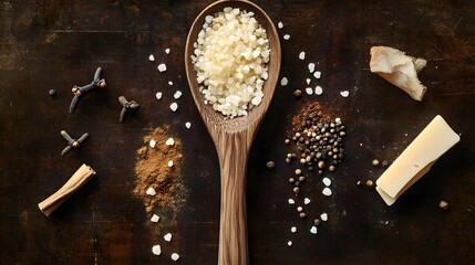 Culinary flatlay of salt, spices and cheese on rustic wooden table