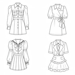 Four women's fashion technical drawings: shirtdress, wrap dress, sailor uniform, maid outfit. Excellent for design portfolios, patterns, catalogs, and