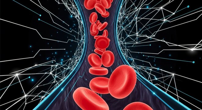 Blood cells flowing through vessel with technological data overlay - Powered by Adobe