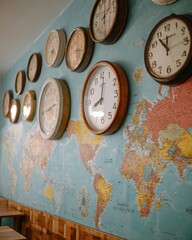 Time Zone Array: A collection of clocks against a backdrop of a world map, illustrating the concept of time zones and global connectivity.