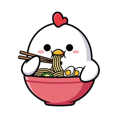 Cute Cartoon Chicken Enjoying a Delicious Bowl of Noodle Soup with Chopsticks, Egg, and Ramen Noodles
