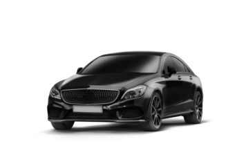Side view of a black sedan photographed from the left and slightly front angle against a transparent background