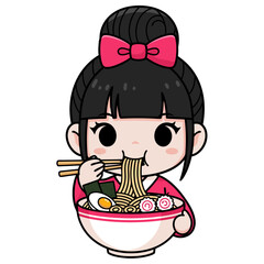Chibi Japanese Girl Enjoying a Delicious Bowl of Ramen Noodles with Chopsticks, Kawaii Style Illustration