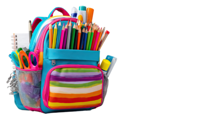 Colorful school backpack with stationery items spilling out on transparent background
