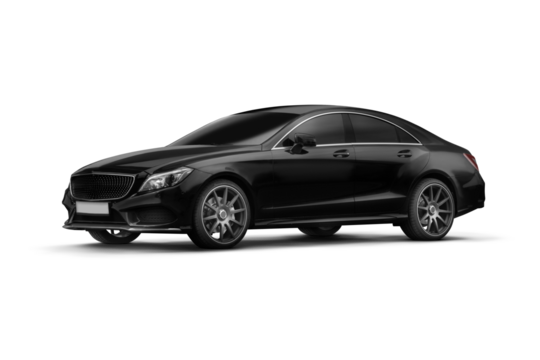 Side view of a black sedan photographed from the left and slightly front angle against a transparent background