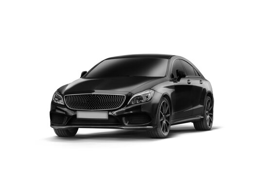 Side view of a black sedan photographed from the left and slightly front angle against a transparent background