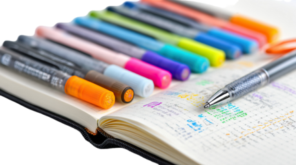Open Bullet Journal with Colorful Pens for Student Productivity on Transparent Background