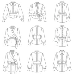 Nine technical fashion flats of elegant women's blouses, depicting diverse sleeve, collar, and waist styles. For design, pattern making, catalogs, and