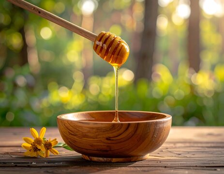 Honey dripping from wooden dipper into a wooden bowl with floral accents