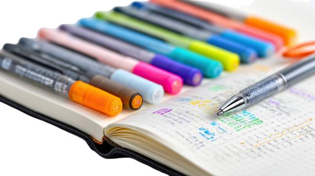 Open Bullet Journal with Colorful Pens for Student Productivity on Transparent Background