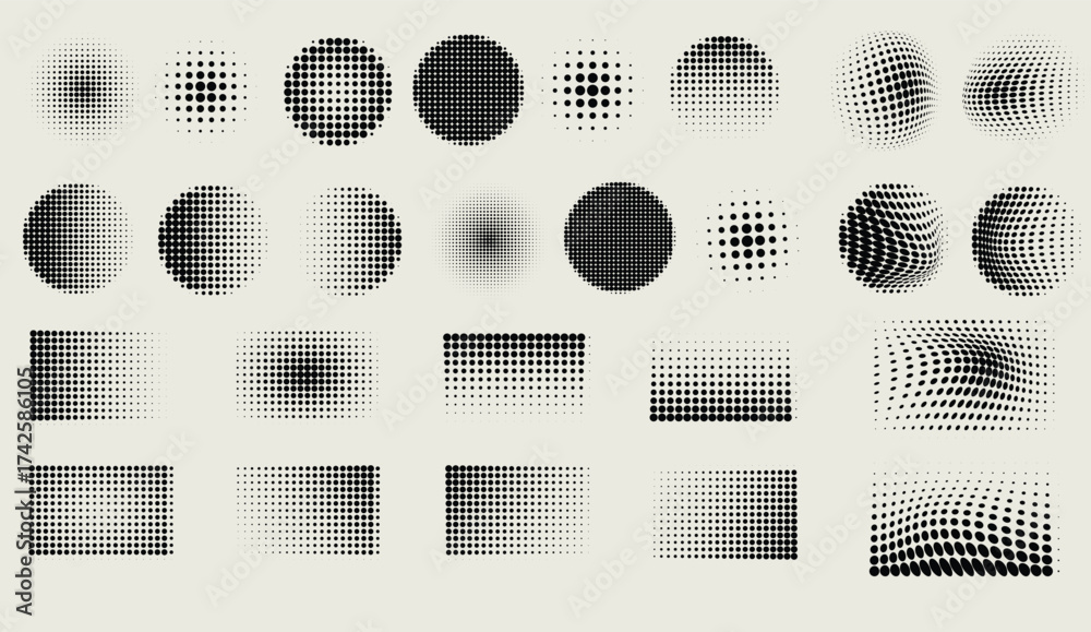 Wall mural Halftone gradient texture set with abstract circular and rectangular patterns. Modern black dot backgrounds for posters, web graphics, and minimal vector design.
