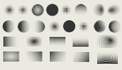 Halftone gradient texture set with abstract circular and rectangular patterns. Modern black dot backgrounds for posters, web graphics, and minimal vector design.