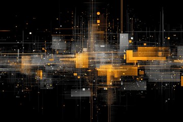 Abstract digital illustration featuring dynamic lines and geometric shapes in vibrant orange and gray tones, creating a modern visual representation of technology and innovation