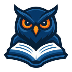 Obraz premium A blue owl with orange eyes is sitting on a book. The owl is looking at the camera with a serious expression. The book is open to the middle. Vector.