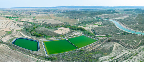 Aerial view of irrigation ponds in the Los Monegros region, in the provinces of Zaragoza and...