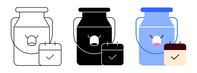 Milk delivery service schedule icon set in line, solid, and flat color styles for dairy logistics and farm supply.