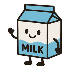A cartoon character is holding a carton of milk and waving. The cartoon is smiling and happy. Vector.