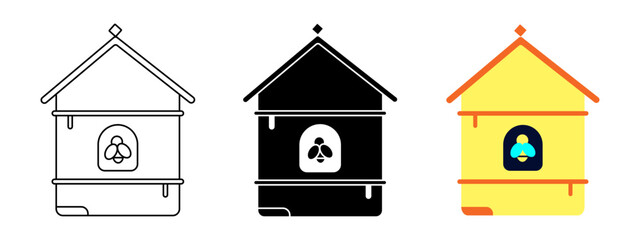 Beehive icon set. Wooden bee houses for honey production and beekeeping. Vector illustration in outline, solid, and flat color style