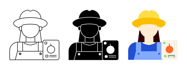 Female Farmer Icon Set in Outline, Solid, and Flat Style – Agriculture Worker Vector Illustration