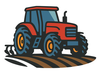 Obraz premium A red tractor is on a field. The tractor is a cartoon drawing of a tractor. Vector.