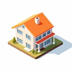 Isometric two-story house with orange roof and chimney, surrounded by green trees and lawn, perfect for real estate, architectural, or family lifestyle projects.