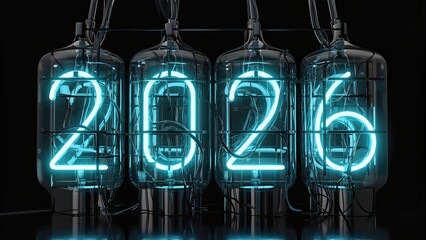2026 Displayed As Neon Tubes Inside Transparent Vacuum Cylinders. Futuristic Tech Design With Electric Glow And Industrial Aesthetic