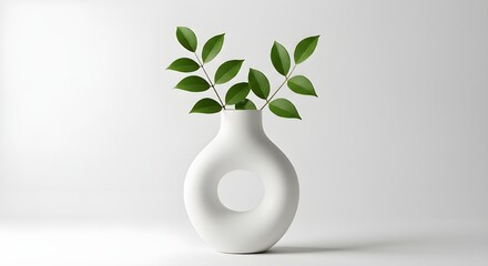 Modern vase with green leafy branches on white background