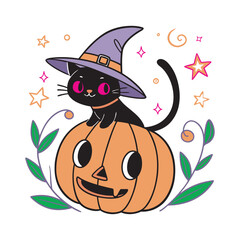 Black Cat Witch Hat Illustration