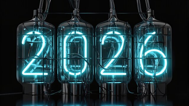 2026 Displayed As Neon Tubes Inside Transparent Vacuum Cylinders. Futuristic Tech Design With Electric Glow And Industrial Aesthetic